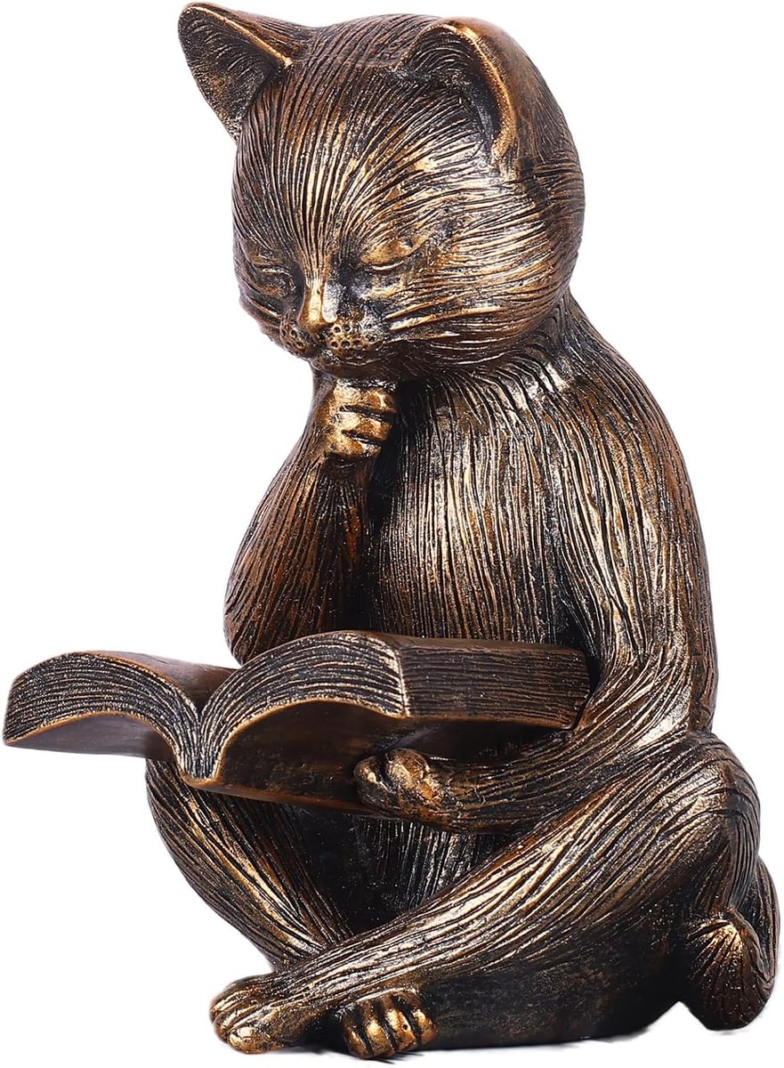 Kattenbeeld denker 16,21 cm - handgeschilderd antiek messing - vintage bibliotheek decor - perfect voor leeshoek - ShopVlot