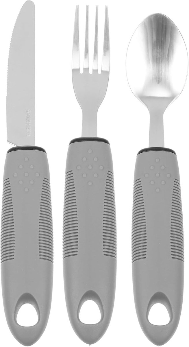 3 stuks - Drie stuks antiski-gereedschap voor ouderen - met lepel, vork en mes - Handvat - dagelijkse eetbijstand voor volwassenen met een handige bewegingsmogelijkheid - Aanvullende gereedschappen - grijs
