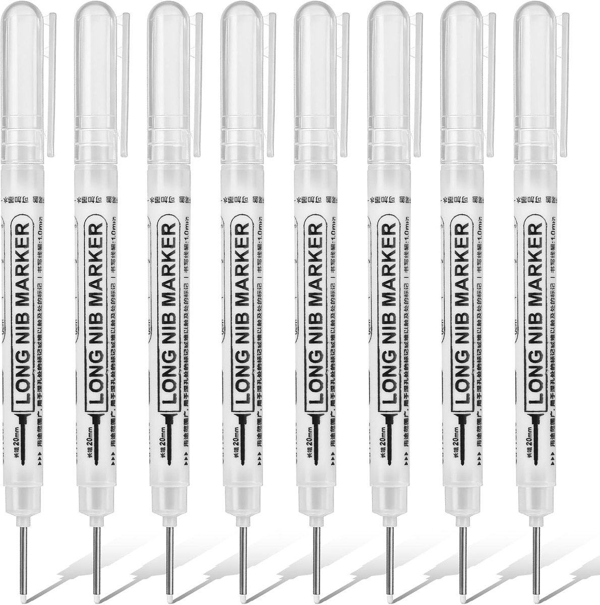 Thijox - 8 Stuks Dieptegatmarkers met 20 mm Extra Lange Punt - Witte Markeerstiften voor Hout, Karton, Muur, Kunststof en Metaal - Duurzaam en Precisi