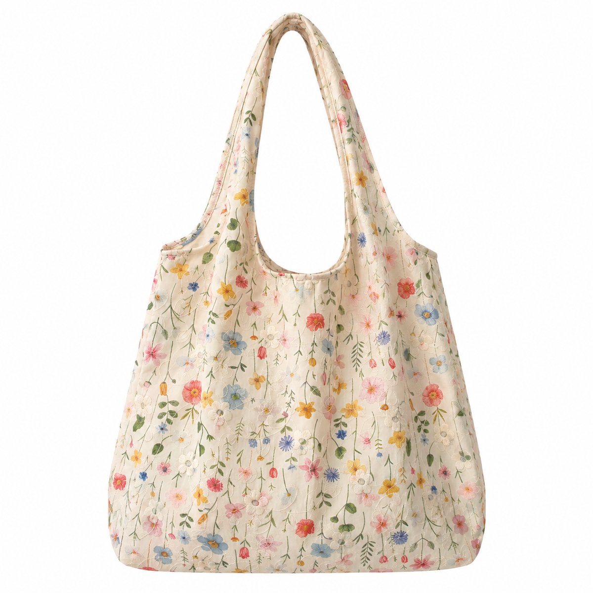VHV - Schoudertas Dames - Canvas Tote Bag met Geborduurde Bloemen, Grote Inhoud en Lichtgewicht Shopper - Voor School, Werk, Boodschappen en Dagelijks Gebruik - Beige