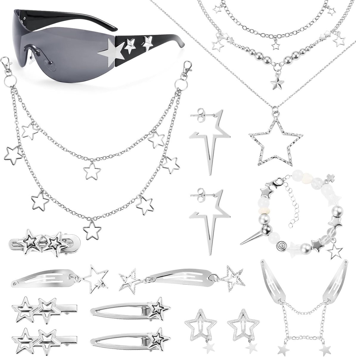 17-delige Y2K-set, Y2K-zonnebril, sterrenketting, oorbellen, haarspelden, armband, vintage sieradenset met hiphop-broekketting voor dames