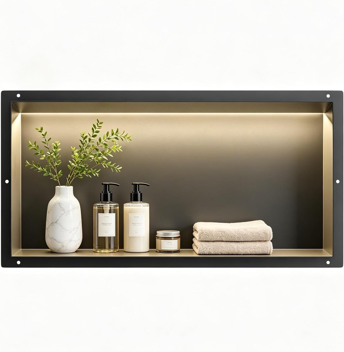 Douche van roestvrij staal, waterdichte nis met ledlicht, ingebedde douchenis 60 x 30 x 10 cm, eenpersoonsbed, douchenis, ingebedde opslag in de doucheruimte, zwart