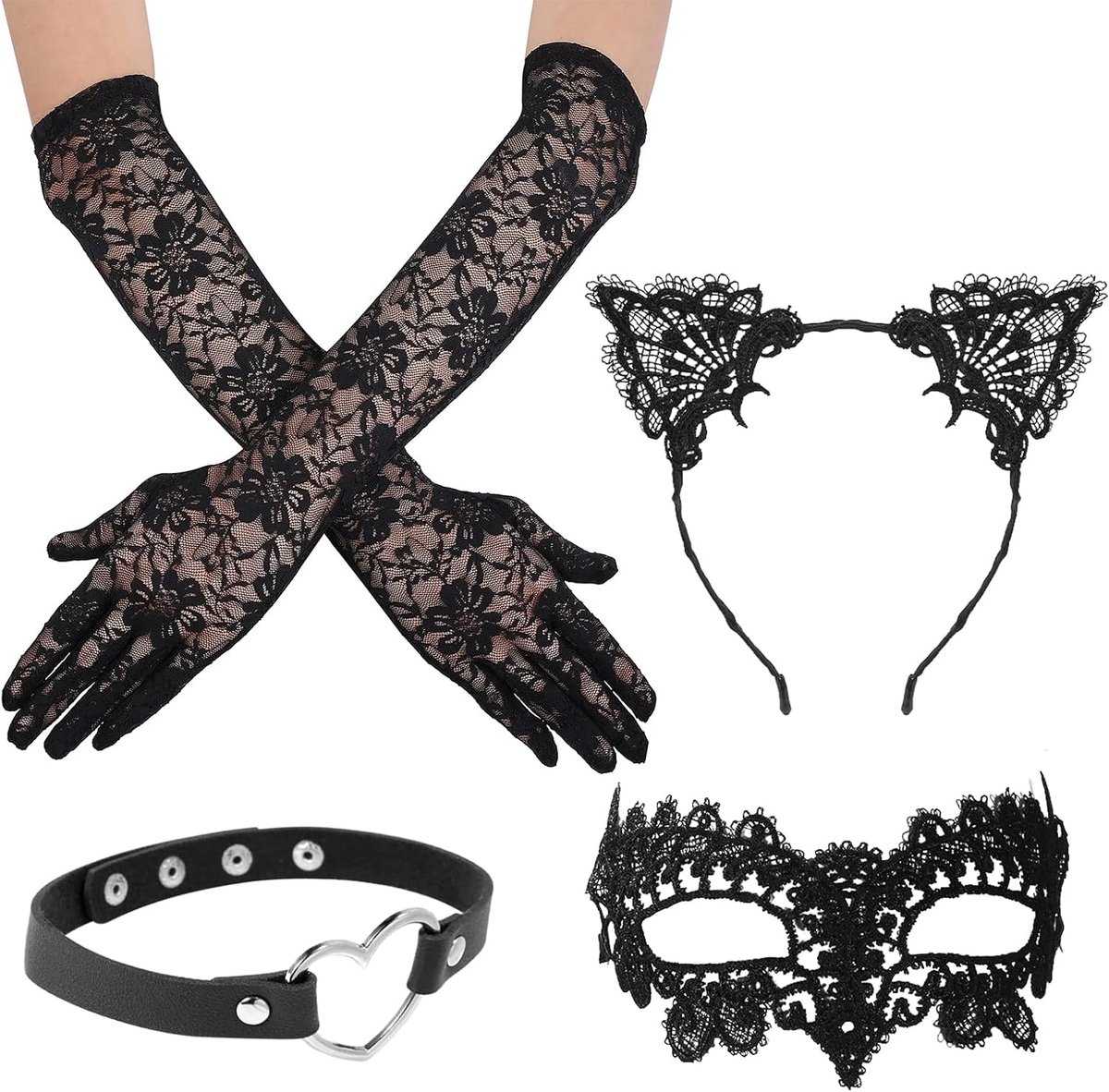 4 stuks Venetiaans masker voor dames, kant, catwoman-masker, maskerbal, masker, oogmasker, Halloween, haarband met kattenoren en kant, voor carnaval, Valentijnsdag, kostuum, party,