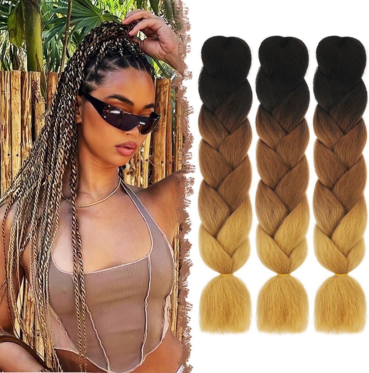 Haarextensies Vlechten 3 PCS Jumbo Vlecht Haak Synthetische Kanekalon Vlechten haar Extensions voor Twist Crochet Braids, 60cm Zwart/Bruin/Blond