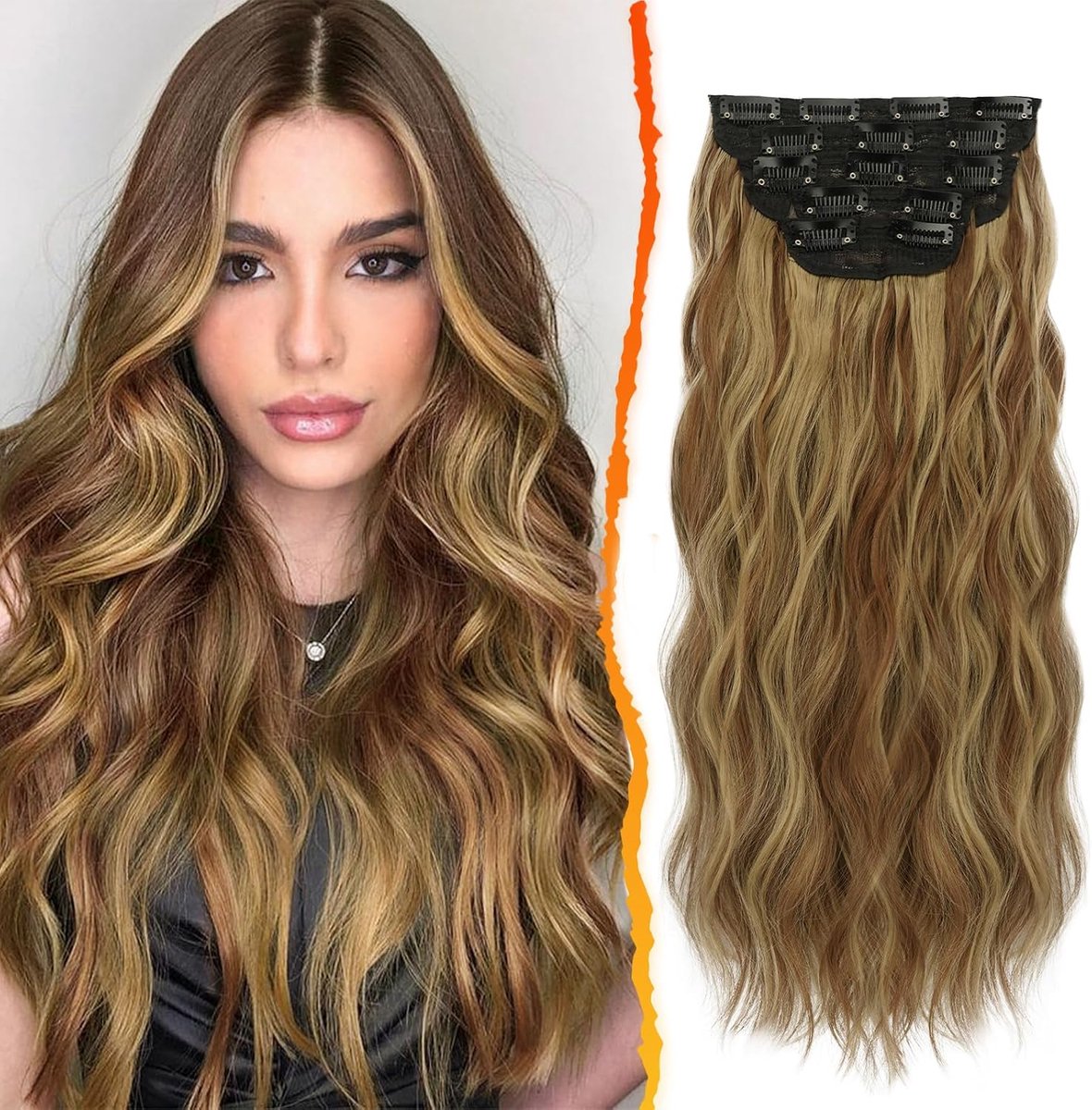 Clip in Hair Extensions, 45cm Lange Golvende Balayage Haarextensions 5PCS Dik Volledige Hoofd Synthetische Haarstukjes voor Vrouwen Meisjes Dagelijks (Caramel Bruin & Blond)