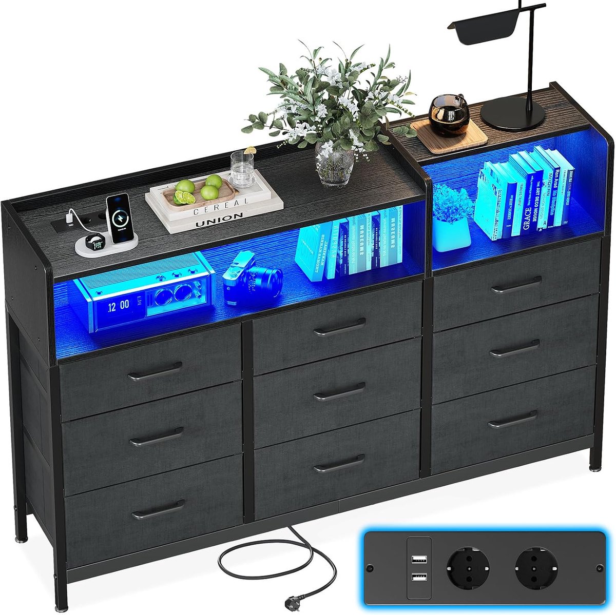 Ladekast, Dressoirkast met 2 Stopcontacten, 2 USB-poorten en 10 Gekleurde Ledstrips, Ladekast met Plankwerkblad met 9 Stoffen Lades voor Slaapkamer/Woonkamer (Zwart)