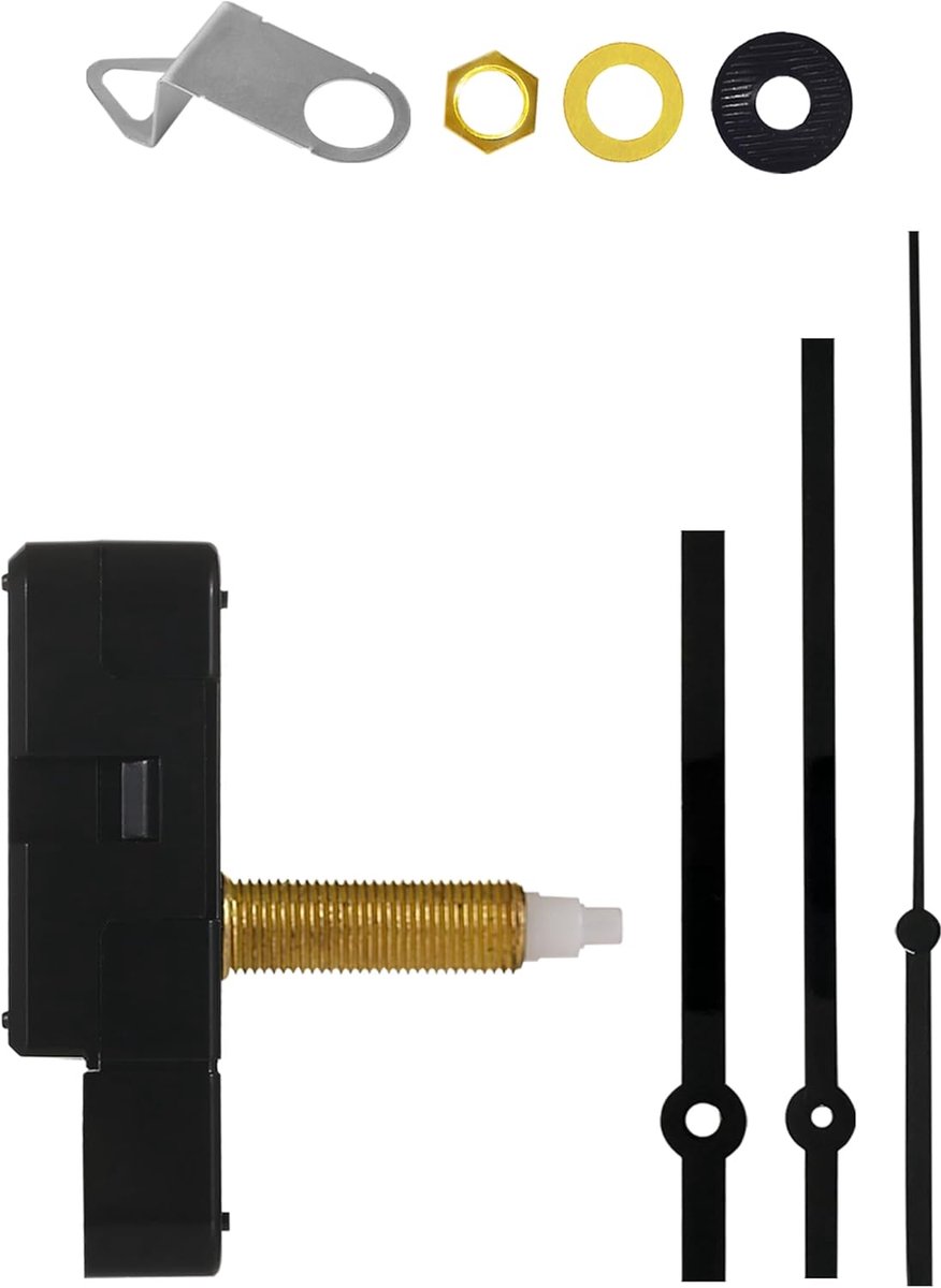 Revolutionerende lange totale as 32 mm/(1-1/4") klokmechanisme reparatie kwartsbeweging, uw oplossing voor een hoog koppel, werkt op batterijen, stille veegklok inbegrepen zwarte wijzers B