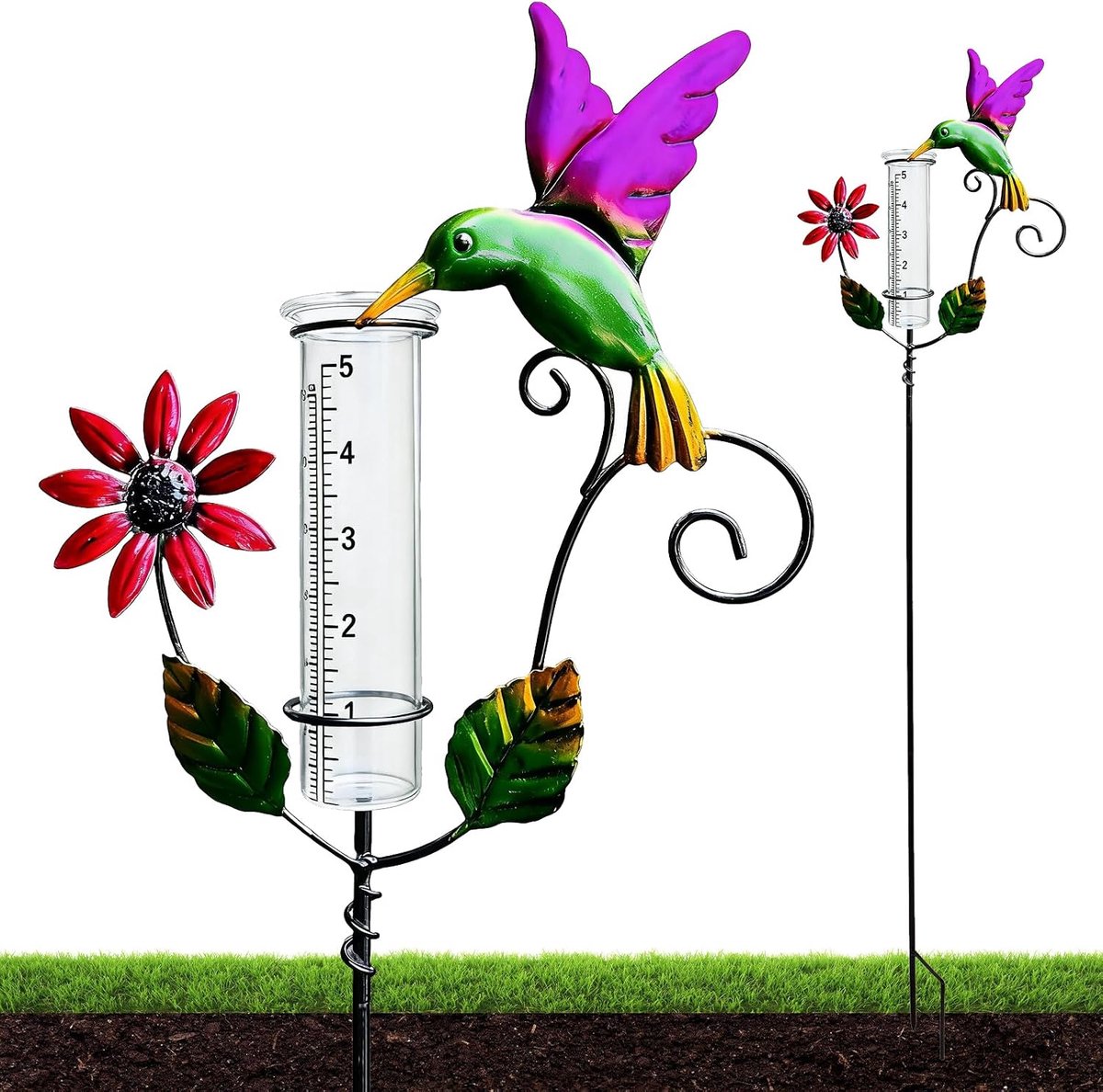 Regenmeter met grondpen, metaal, 119 cm, regenmeter, nauwkeurige meting van de hoeveelheid regen, neerslagmeter met heldere schaal, voor binnenplaats, dek, gazon, doorgang, landschap en