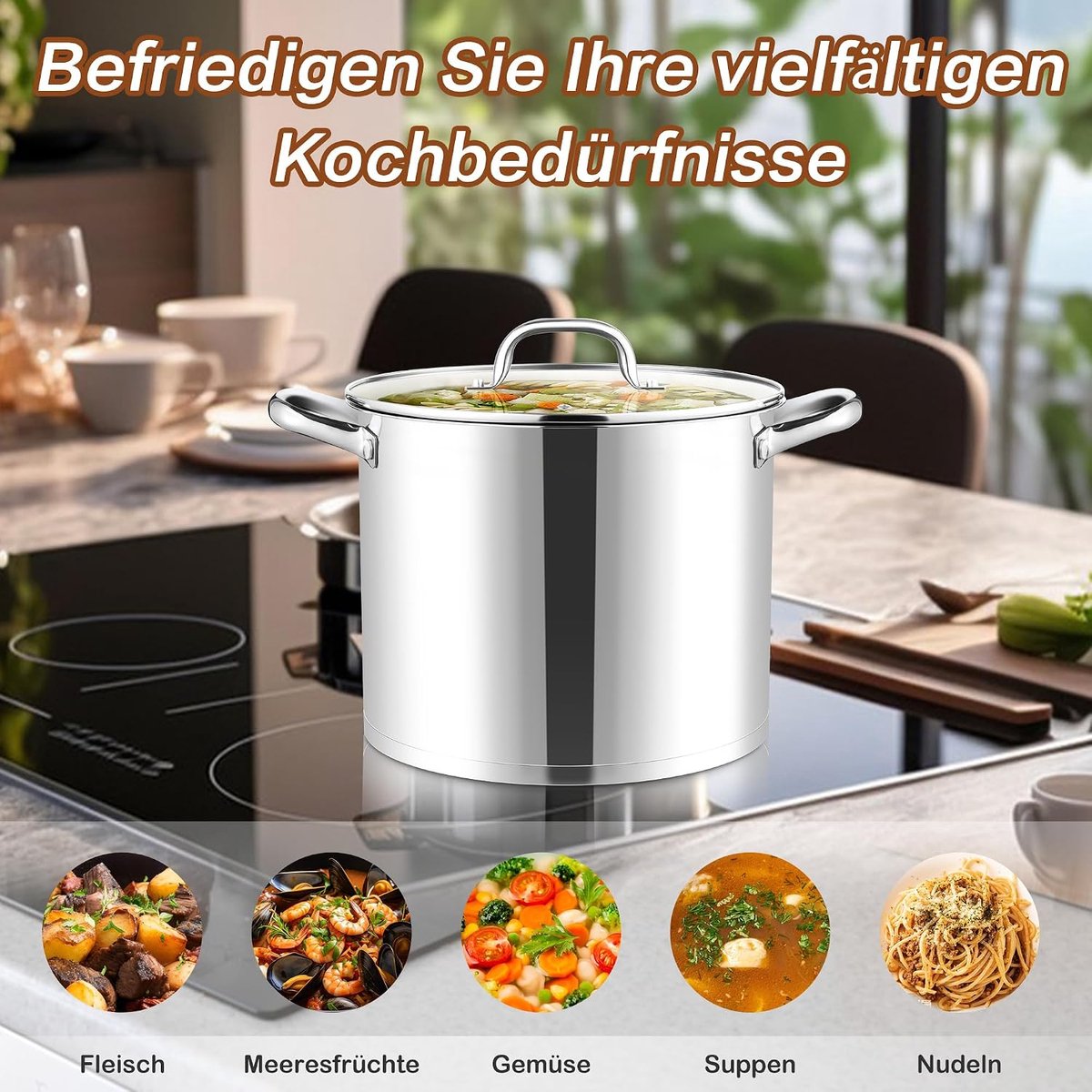Pan kookpan, 9,5 liter, roestvrij staal, grote pan, inductie met glazen deksel, 3 lagen, stabiele bodem, soeppan voor alle warmtebronnen, hoogwaardige pastoepan voor het koken, grote