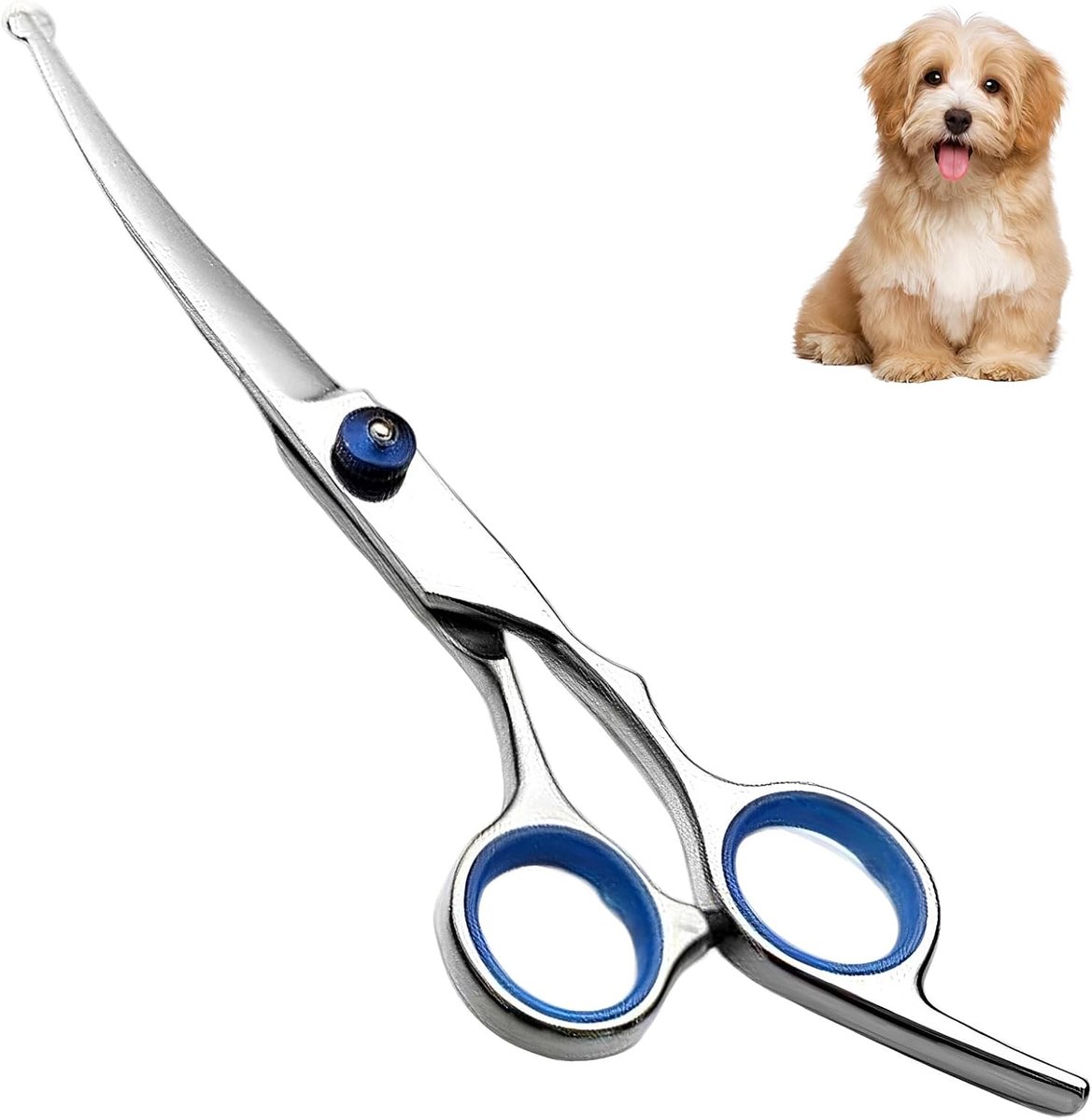 Hondenschaar met ronde veiligheidspunt, gebogen schaar voor honden en katten, roestvrij staal, schaar voor het knippen van haar op gezicht, poten en lichaam, 17 cm, professioneel