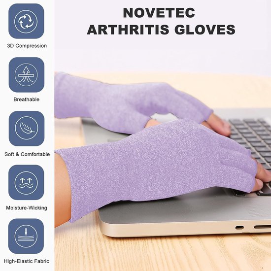 Handschoenen, vingerloze compressiehandschoenen voor dames en heren, polsondersteuning, reumatoïde artritis, osteoartritis, Raynaud-syndroom, ademend, typen, rijden, werk, lila, L — afbeelding 4