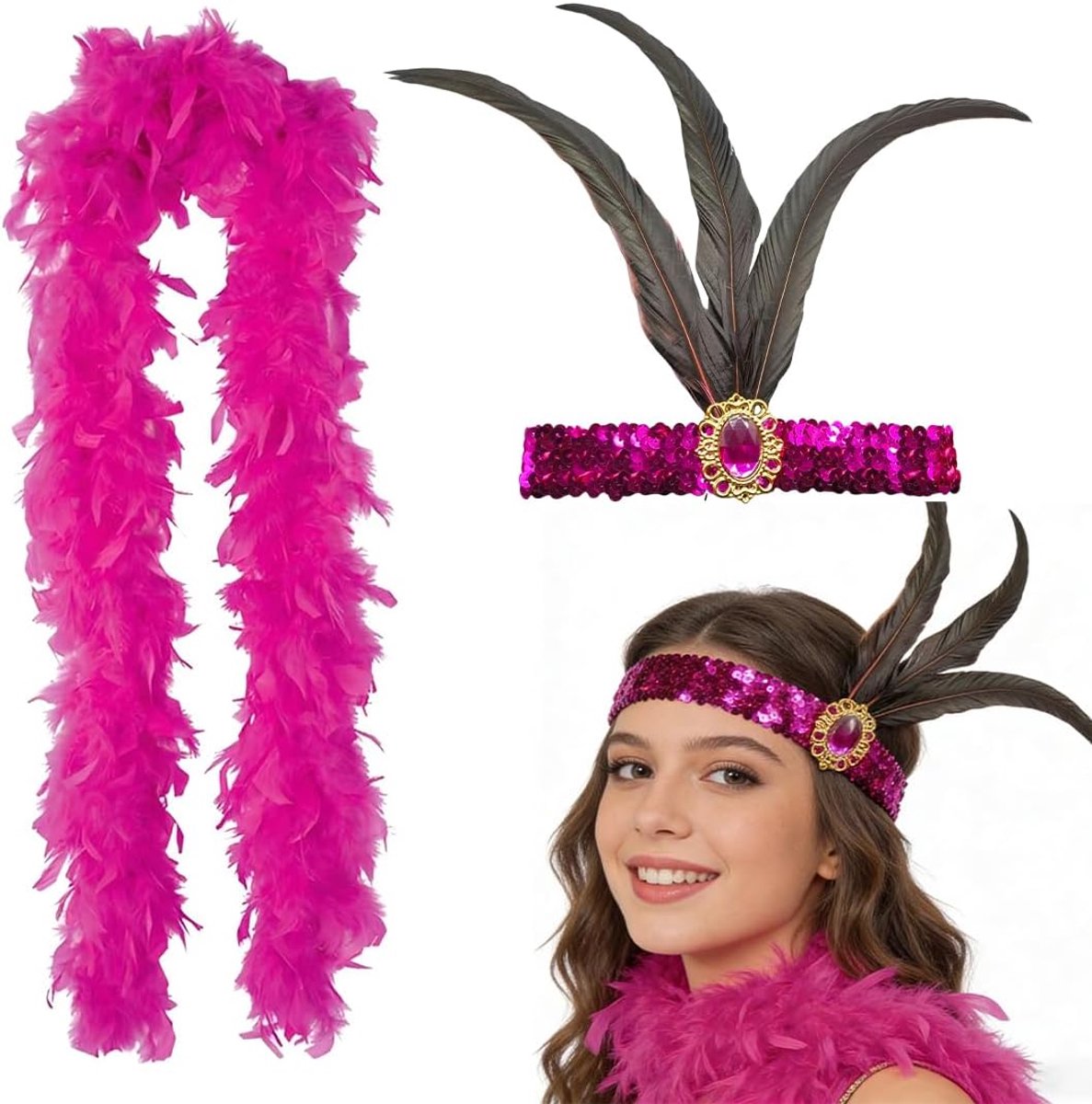 1920 kostuum damesaccessoires set met verenhoofdband, verenboa roze jaren 20, jaren 20 kostuum dames, dames natuurlijke veren gothic veren, voor bruiloft verkleedfeest, carnaval