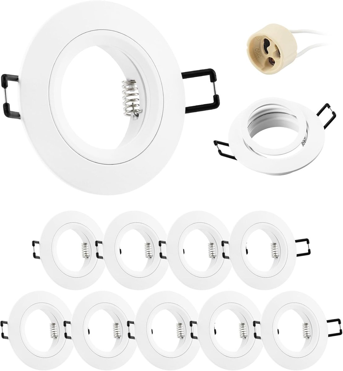 10 x inbouwspot, GU10, aluminium, wit, houder, inbouwspot, montageframe met GU10-fitting, ronde plafondspot 68 mm, extra plat, voor ledlampen, montagegat Ø 60-70 mm, 230 V