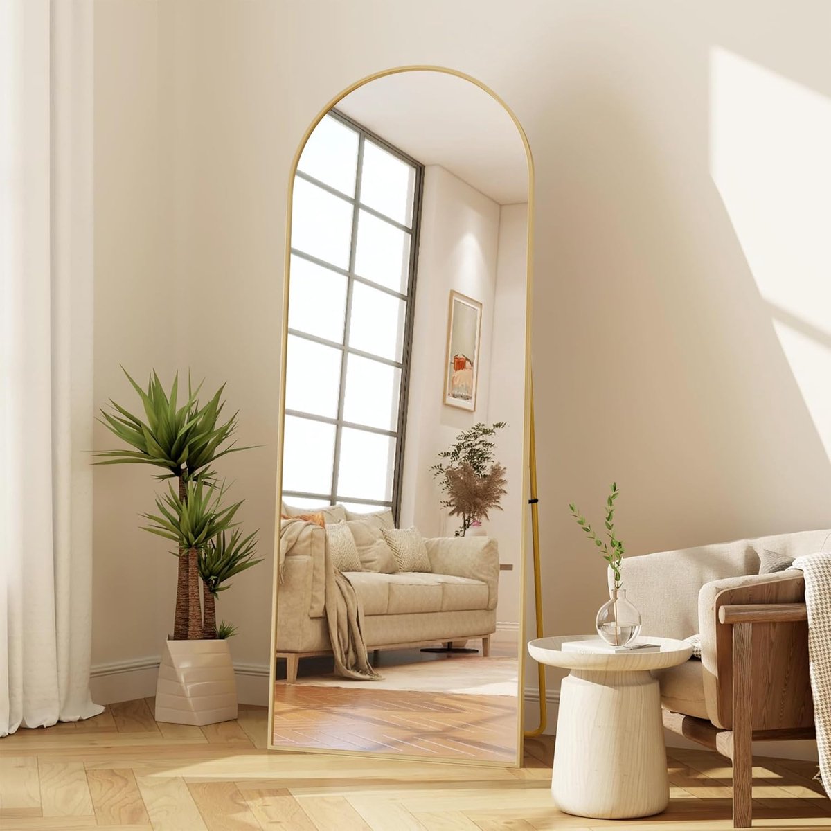 Body spiegel, 164 x 54 cm, met standaard en wandmontage, boogspiegel, groot, vrijstaand inklapbaar, moderne wandspiegel voor slaapkamer en hal, goud