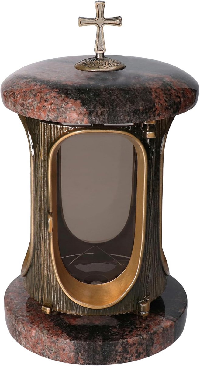 Graflantaarn graniet Aurora India hoogte 23 cm/Ø 15 cm stijlvolle granieten lantaarn elegante graflamp graflicht bronzen met sokkel
