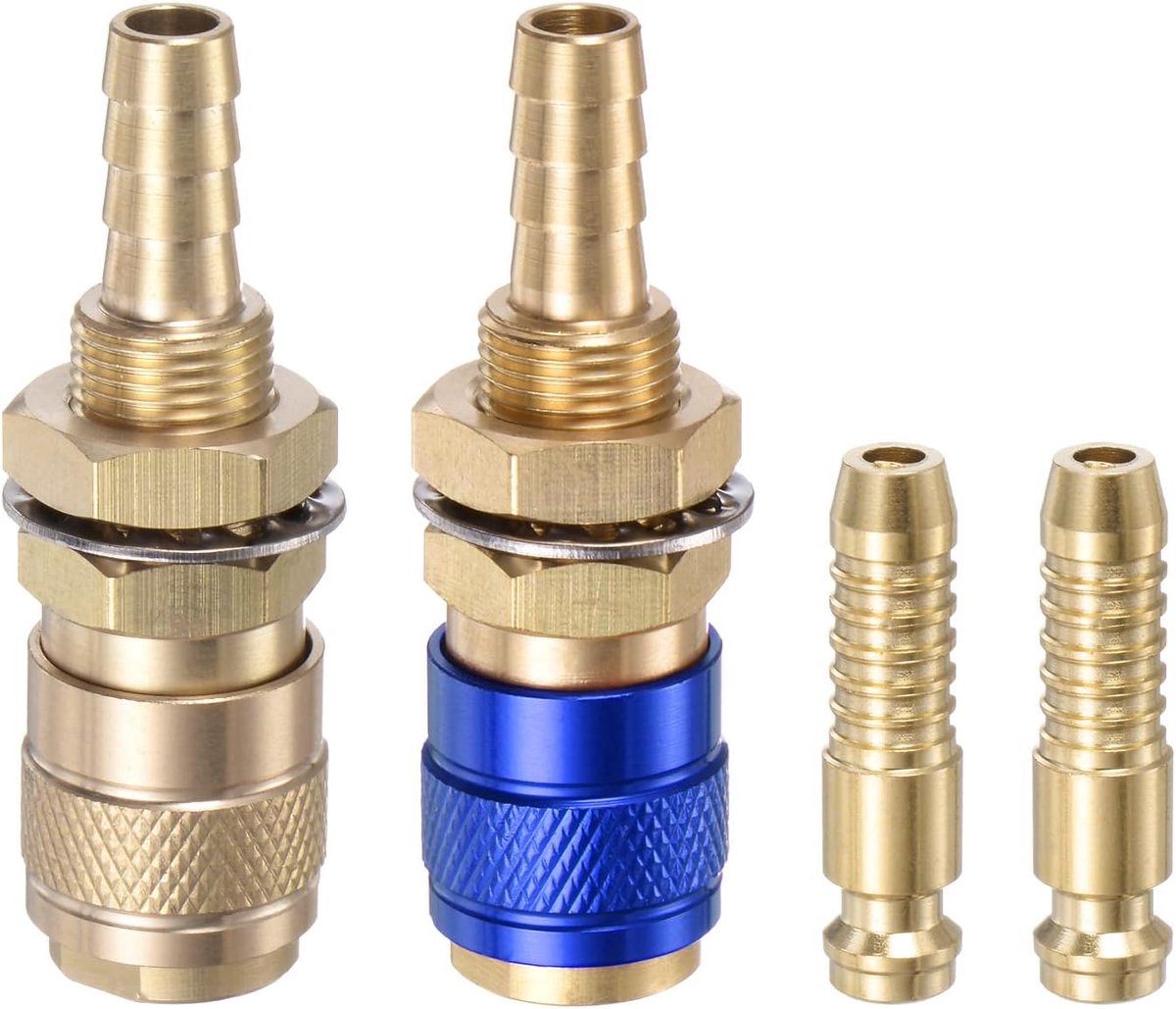 4 stuks gas- en water-snelkoppelingen voor buizen met een binnendiameter van 8 mm met slang voor TIG 12 18 20 27 fittingen lasbrander gasafgifte, messing/blauw
