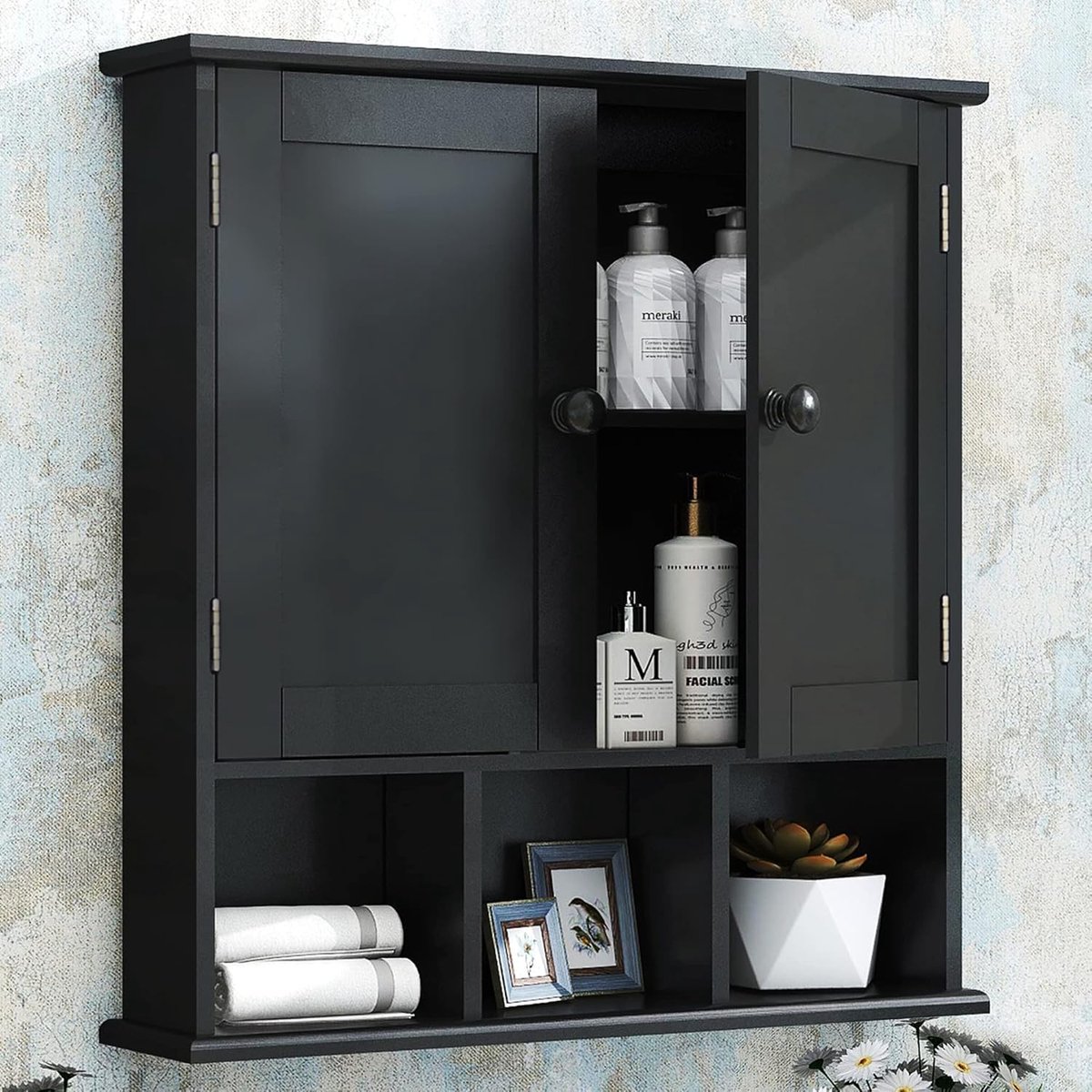 Badkamer, hangkast, medicijnkast, medicijnkast, tweedeurs houten kast badkamer, badkamerkast met verstelbare planken en open vakken, 13 x 56 x 58 cm, zwart