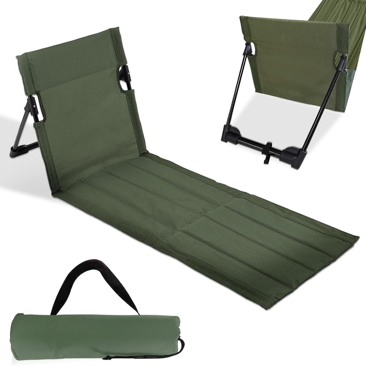 strandstoel, lange strandmat met lichte en opvouwbare rugleuning, draagbaar, 500 g, voor camping, outdoor, strand en reizen (legergroen)