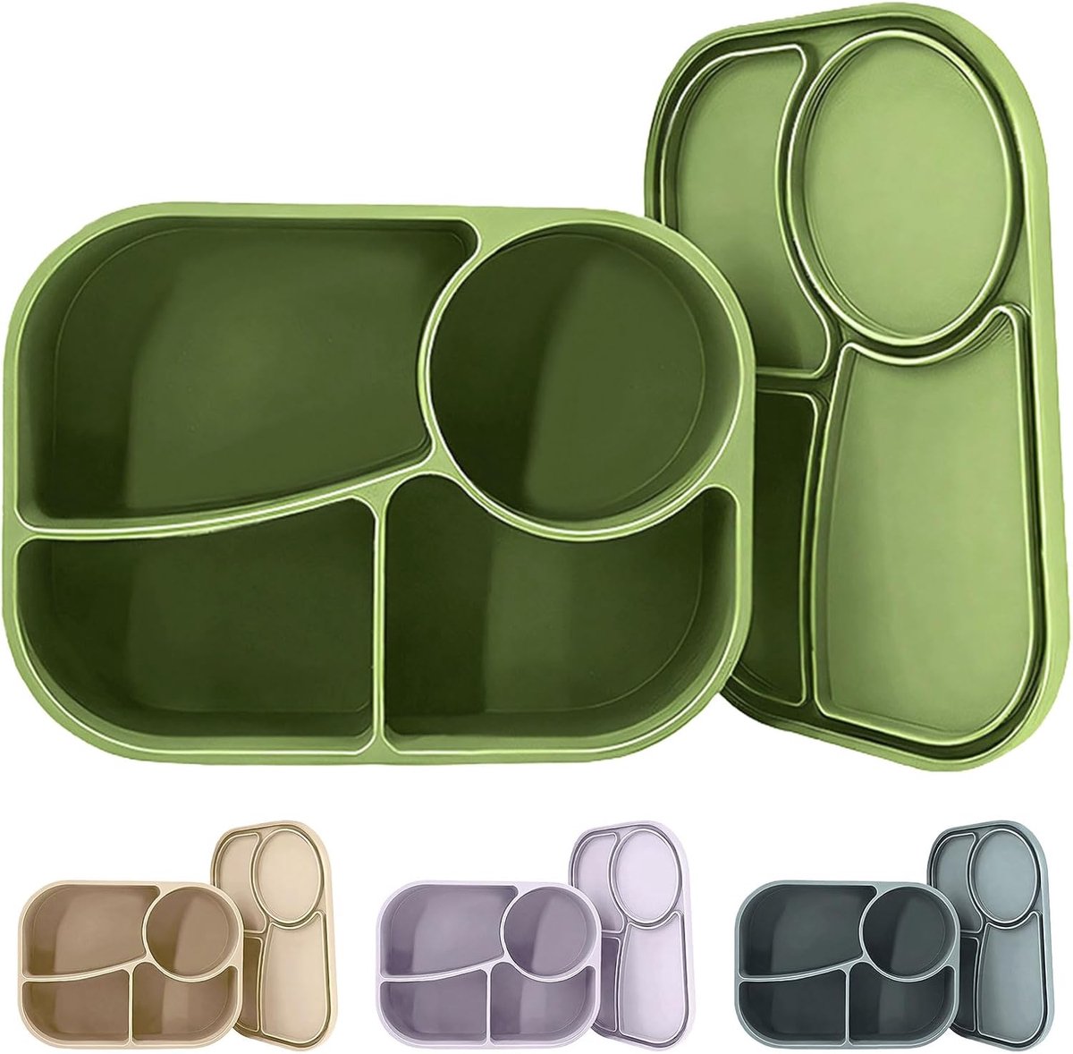 Broodtrommel met 4 vakken, lunchbox van siliconen, magnetron, vaatwasser, lunchbox, herbruikbare broodtrommel, BPA-vrij, groen