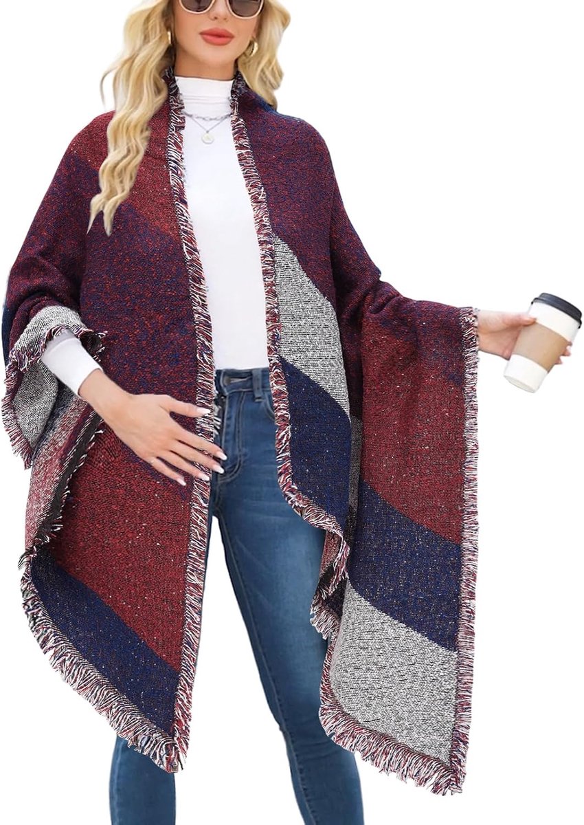 Heekpek Oversized sjaal voor dames en meisjes, lang, dekenstof, mantel, winter, met franjes en spitse uiteindes, sterren, rood, Eén maat