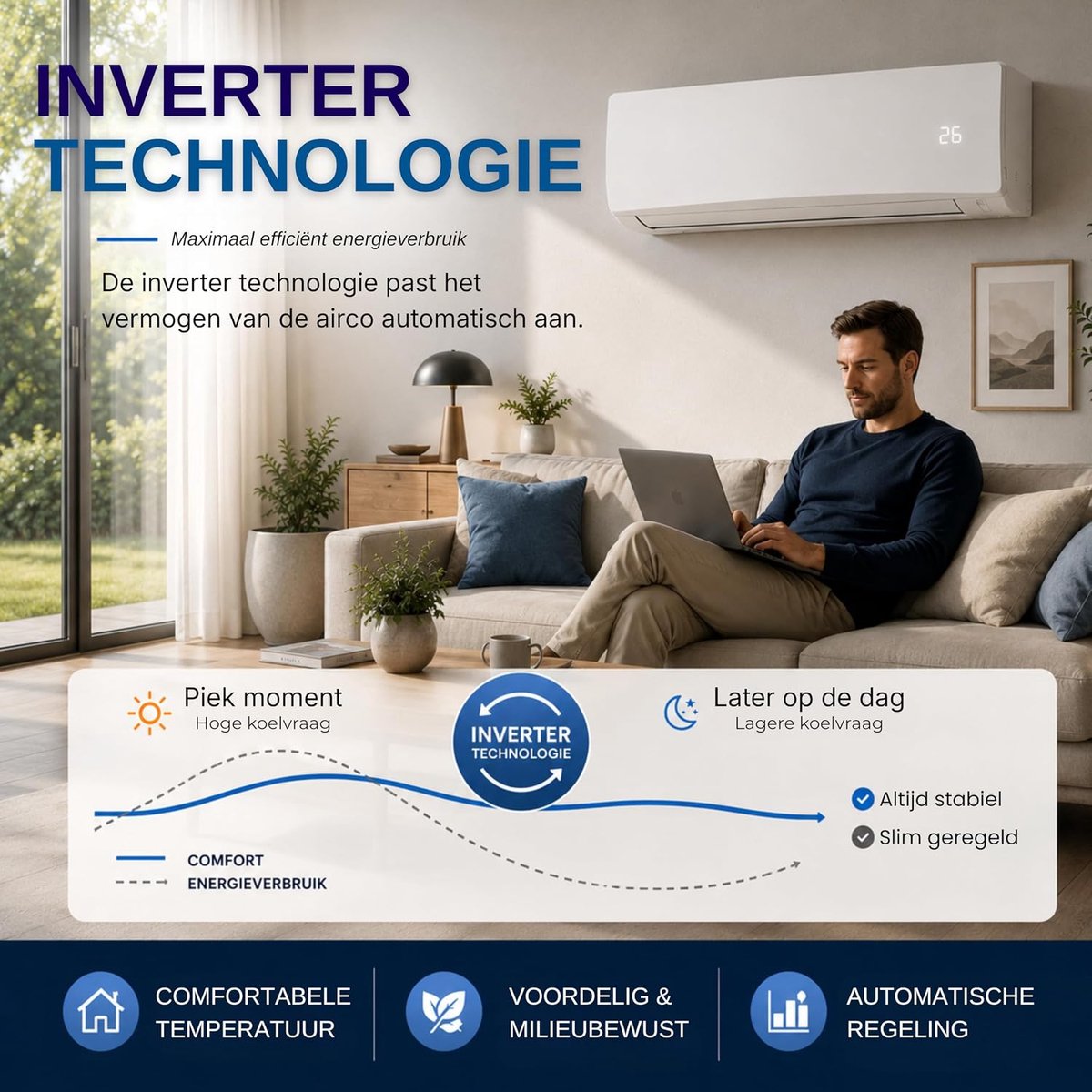 Airconditioning Split 12000 BTU - Inverter zonder afvoerslang - Koelen en verwarmen - Aangenaam binnenklimaat - SnelShoppen