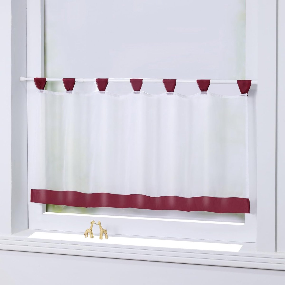 1 stuk Mia gordijn, vitrage, keuken, met lussen, transparant, eenvoudig, decoratie voor woonkamer, slaapkamer, balkon, bordeaux, h x b 45 x 145 cm