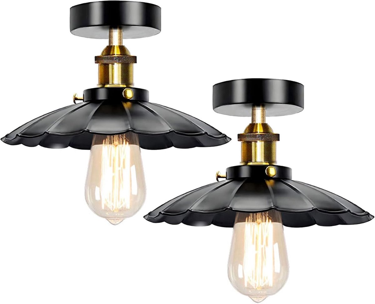 2 stuks vintage plafondlamp voor binnen, E27, industrieel, van metaal, in parapluvorm, plafondverlichting voor woonkamer, keuken, hal, zwart, 24 cm