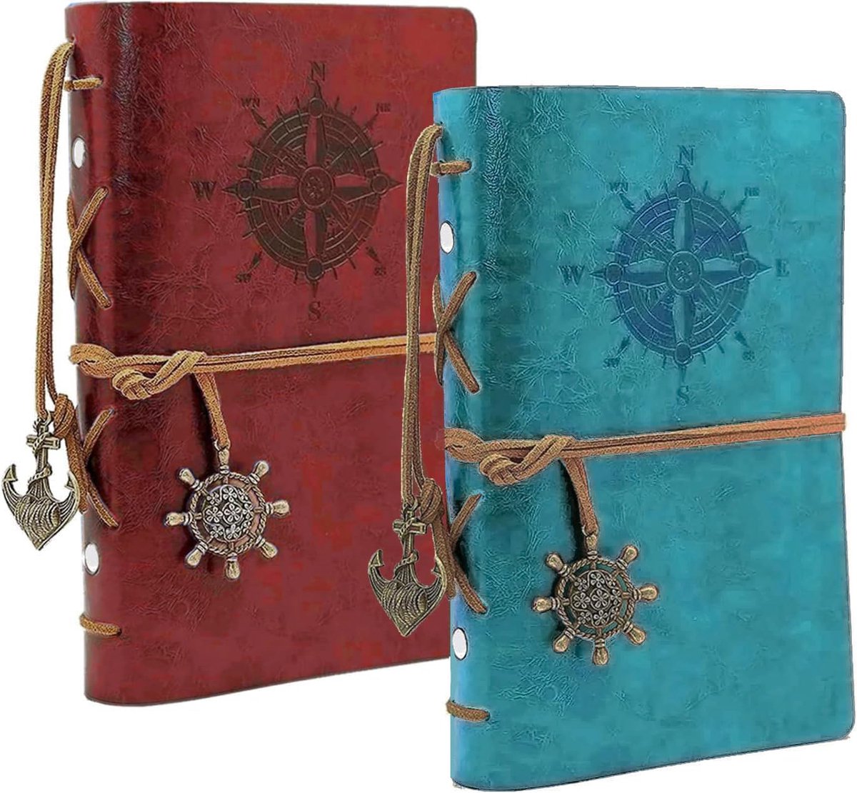 2-pack leren notitieboek A5, retro notitieboek van leer, vintage spiraalbinding, dagboek, navulbaar dagboek, reisdagboek, schetsboek voor mannen en dames, blauw en rood