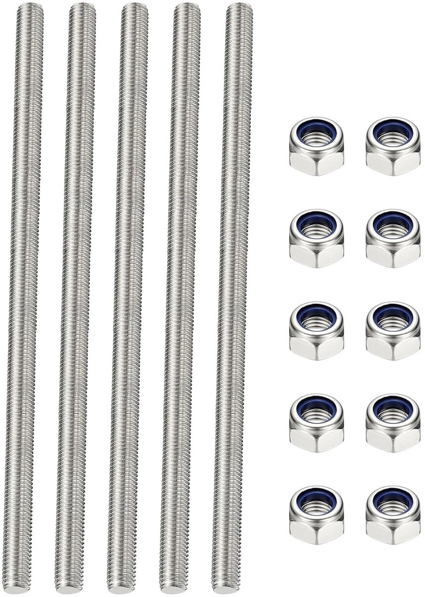 5 stuks draadstangen, compleet M6 x 300 mm, 304 roestvrij staal, lange rechtse schroefdraad, met moeren voor buisklemmen, U-bouthouders
