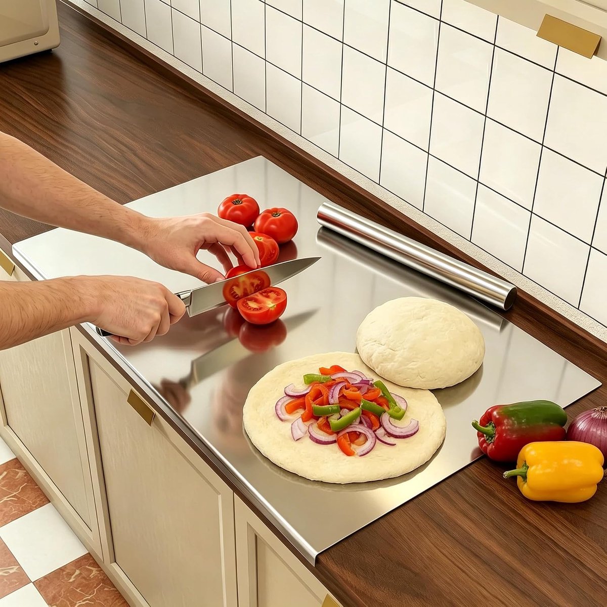Stalen werkblad met rand, 90 x 50 cm, snijplank roestvrij staal met deegroller van roestvrij staal en antislipmat, snijplanken voor werkblad, keuken, bar, restaurants