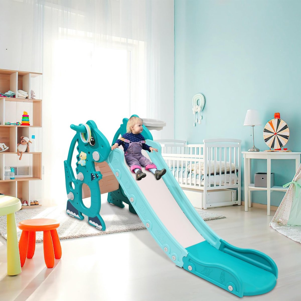 4-in-1 kinderglijbaan met basketbalkorf & leermachine, voor binnen en buiten, 145 x 38 x 67 cm, tot 35 kg, groen