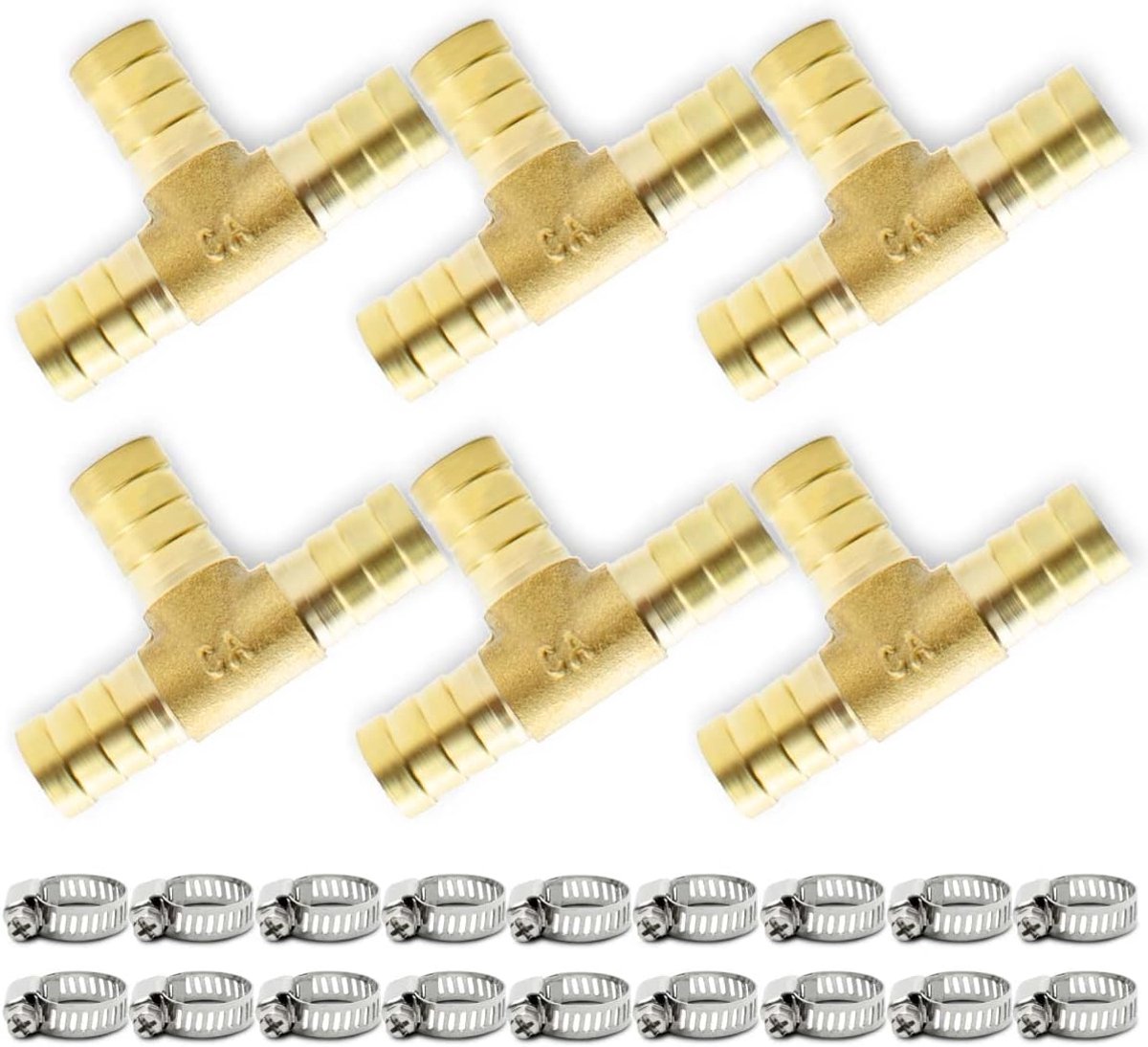 6 delige slangpilaarfittingen, 14 mm 3 weg T stuk messing weerhaakconnector met 18 klemmen