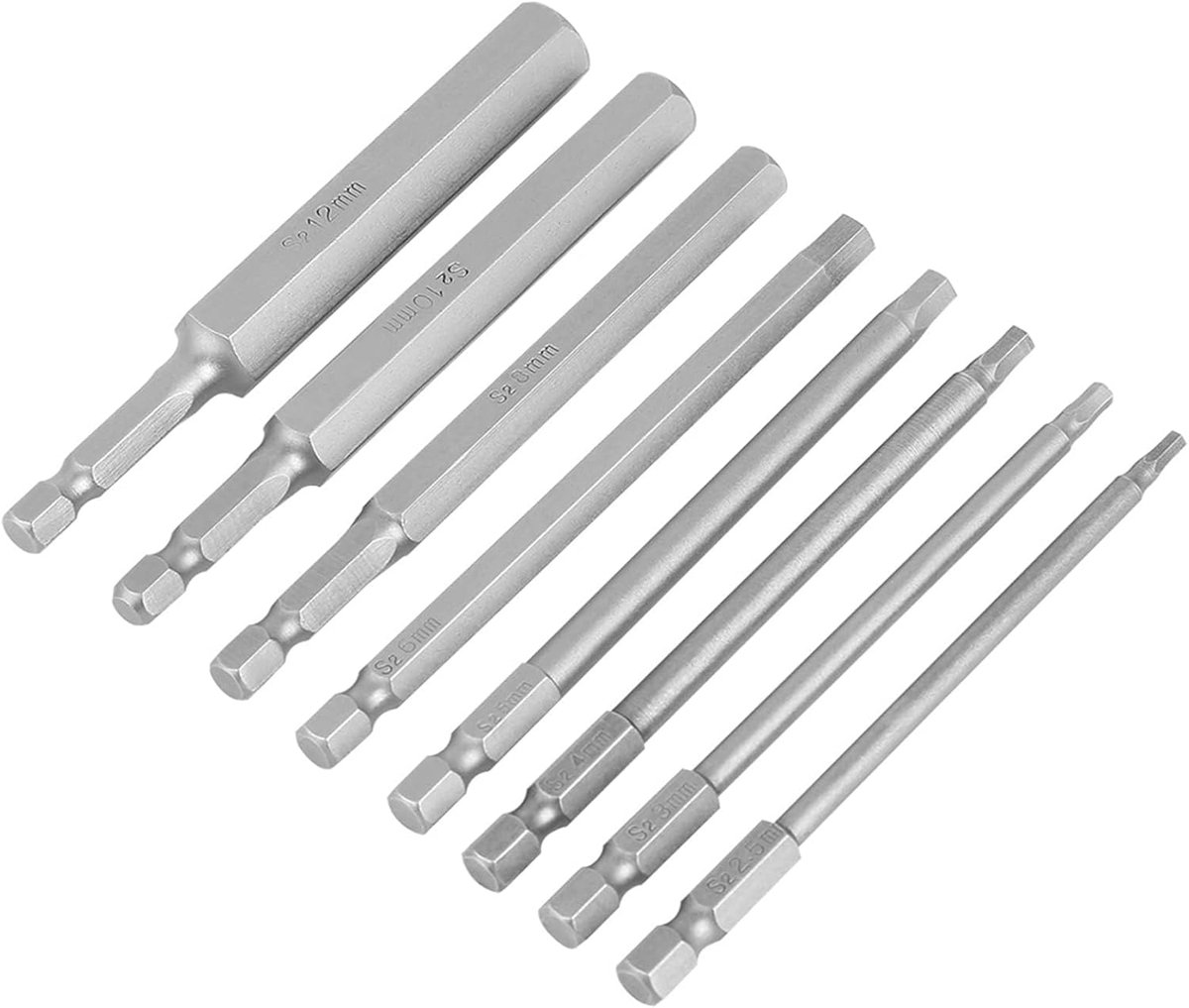8 stuks lange zeskantschroevendraaier 100 mm set 1/4 inch zeskant bits 6,35 mm 2,5-12 mm