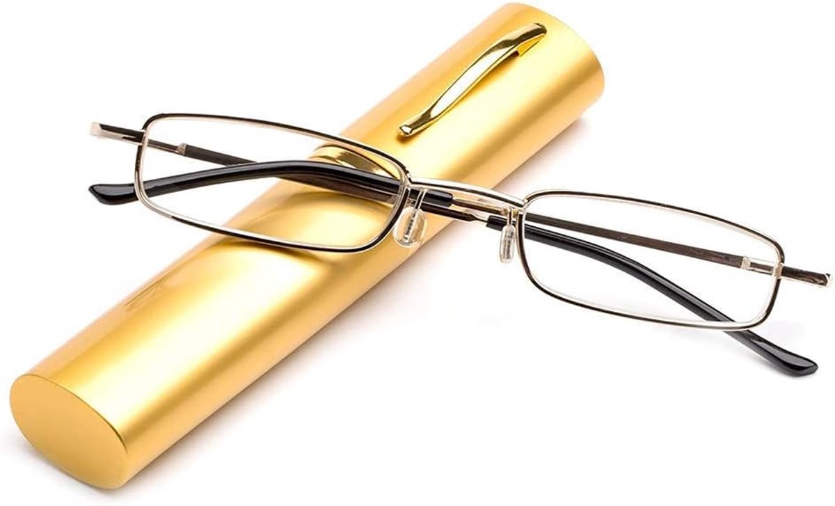 Flexibele metalen leesbril, zichthulp, met veerscharnier, leeshulp, uniseks, leesapparaat met brillenkoker die eruit ziet als een penhouder