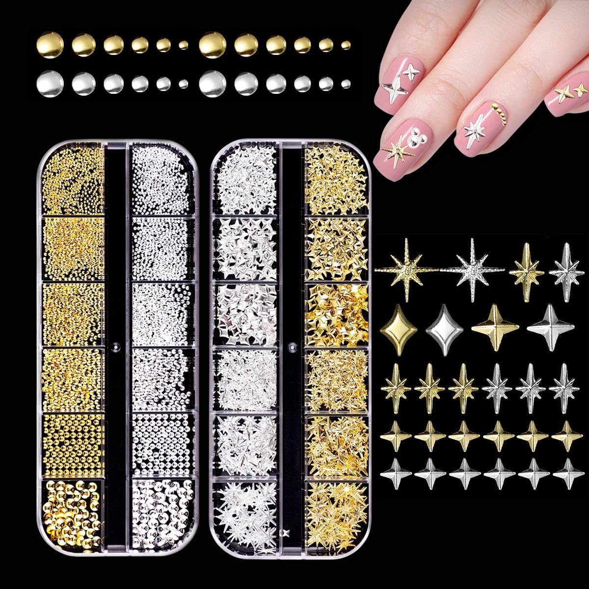2 dozen goud zilver 3D nagel edelstenen bedels, metalen gouden ster Starshine Nail Art Studs, zilveren gouden micro kaviaar nagel kralen legering klinknagel nagel bedels doe-het-zelf bedels voor nail