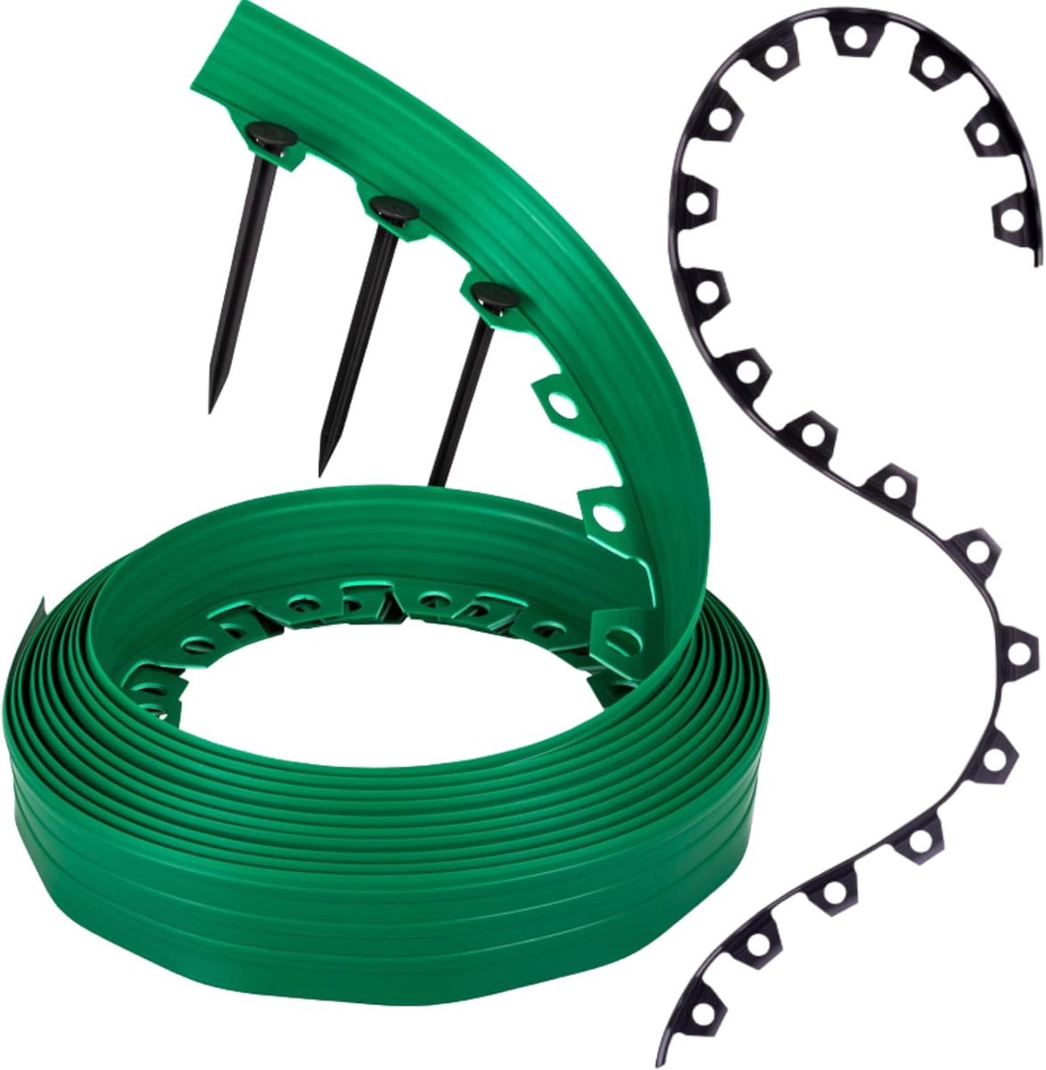 Flexibele gazonrand, kunststof, weerbestendige gazonafbakening, bloembedomranding, groen, 10 m, 20 grondankers, 6 cm hoog, voor tuinen en robotmaaiers