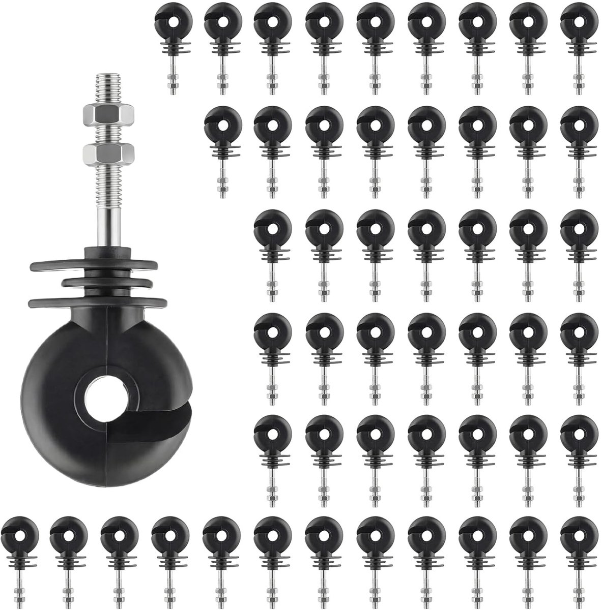 50 Stuks Ringisolatoren M6 met Moeren, Weideafrastering Isolatoren voor Houten Palen, Geschikt voor Draad, Koord en Elektrische Omheining, 93 mm