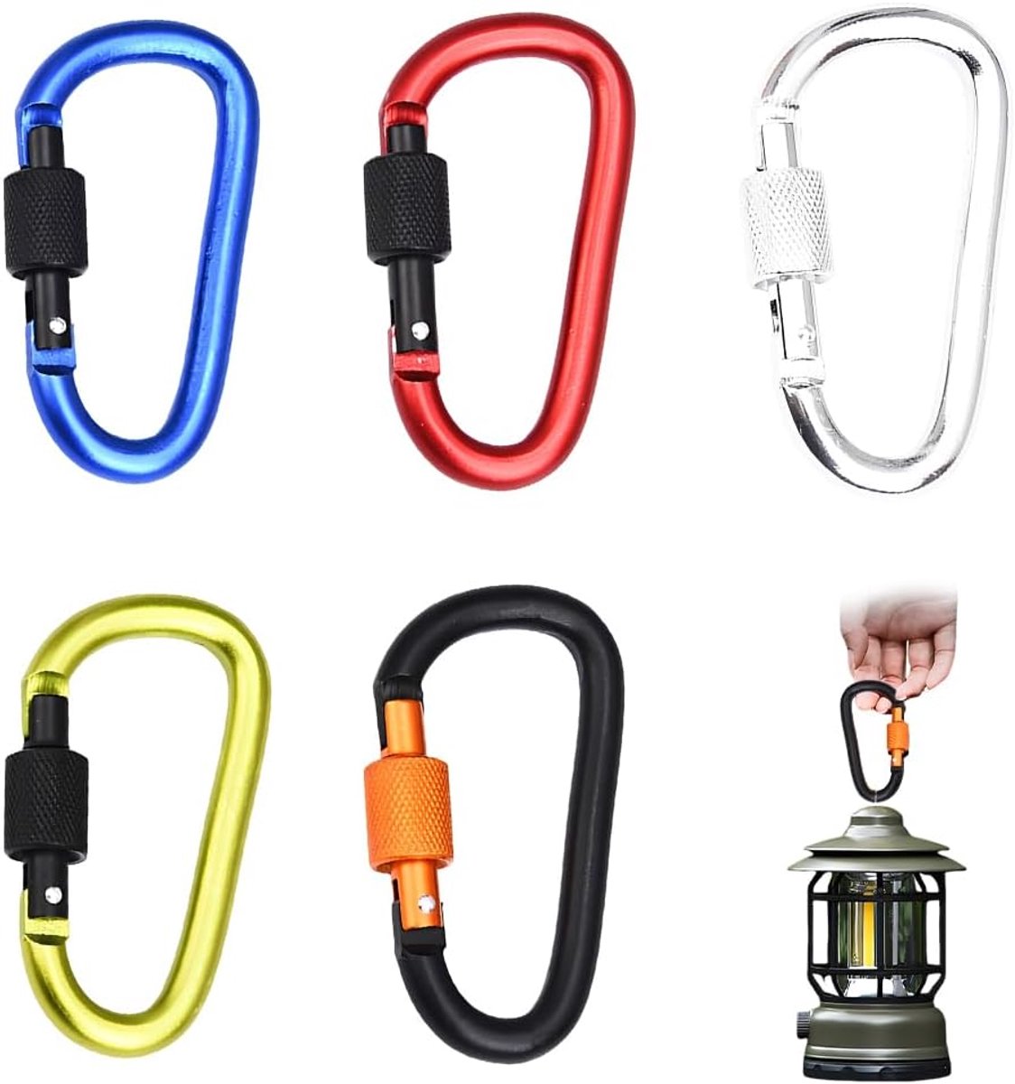 5 stuks karabijnhaken van aluminium met schroefsluiting in de kleuren zwart-oranje, zilver, rood, blauw en groen, voor kamperen, trekking, vissen en reizen