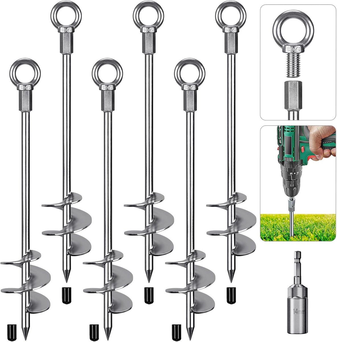Tentharingen, Stabiel Grondanker Grondpen Metalen 45cm Spiraal Stormanker Robuuste Grondharing Schroef Trampolines Kit voor Schommel Kit/Camping/Schuur/Hond/Carport met Vaste Ring, 6 Pak