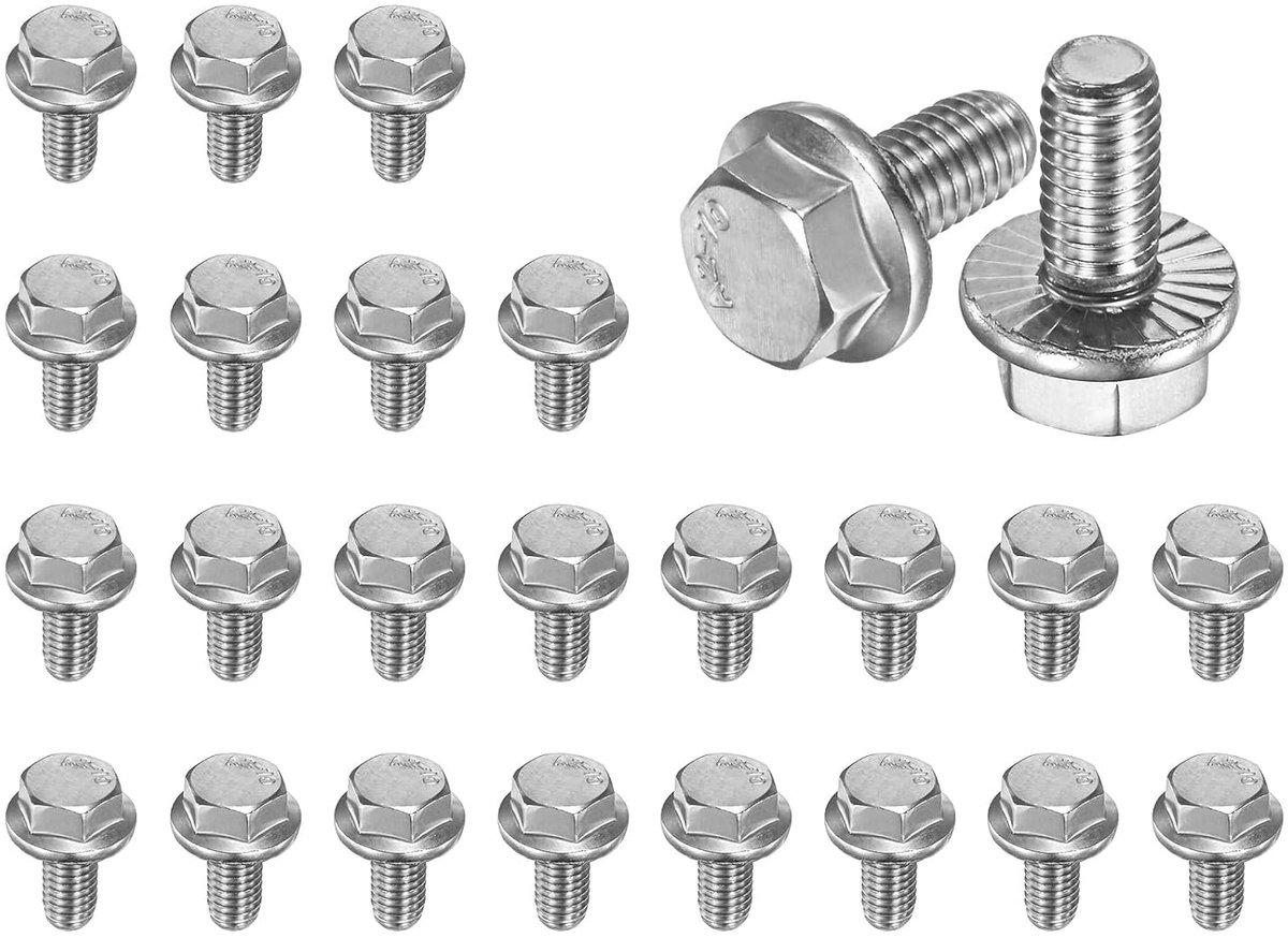METERXITY 25 stuks zeskant met flens, M6 x 12 mm, roestvrij staal 304, externe zeskantkop, metrische volledige schroefdraad, projecten voor auto en doe-het-zelvers [geluid]