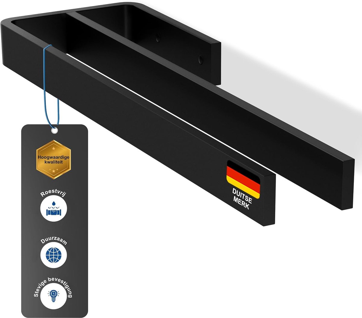 Handdoekhouder 15 inch - Mat zwart aluminium - Dubbele arm - Ruimtebesparend voor badkamer of keuken - ShopVlot