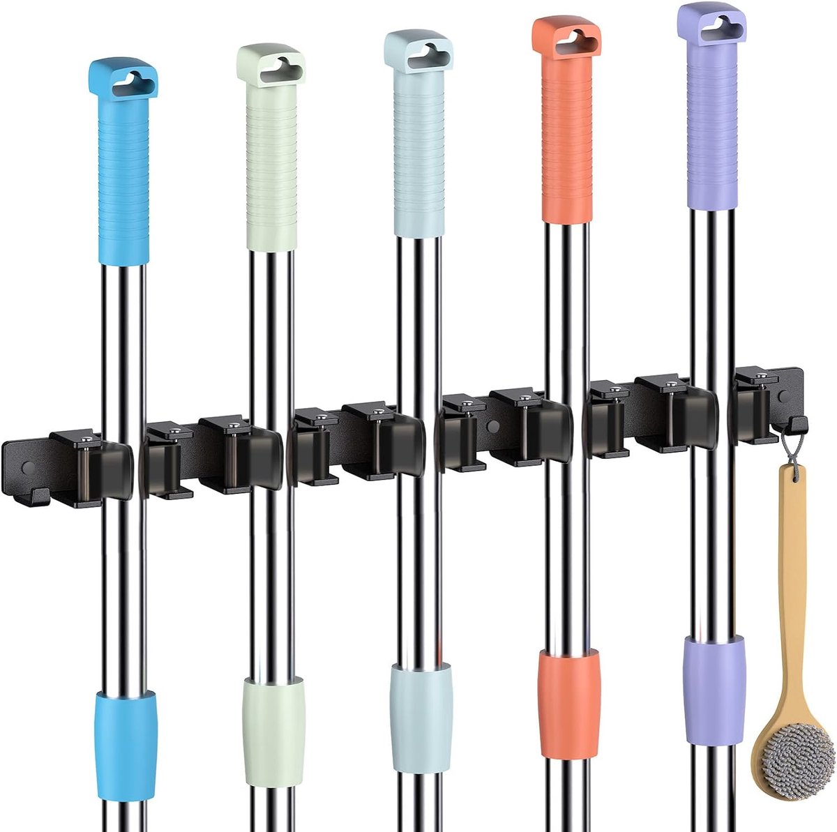 Broom Holder Wandbevestiging 5-Slots - RVS - Zwart - Handige opslag voor schoonmaakgereedschap - ShopVlot