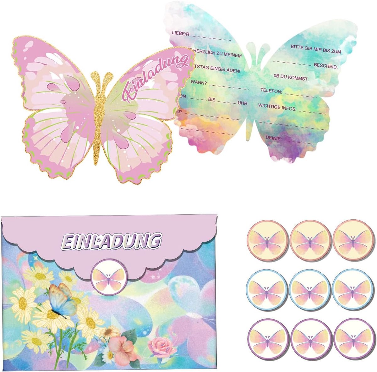 Uitnodigingskaarten voor kinderen - 12 vlinderontwerpen - inclusief enveloppen en stickers - ShopVlot