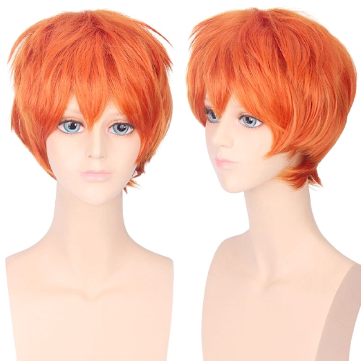 Korte oranje pruik voor cosplay, hittebestendig, met pony