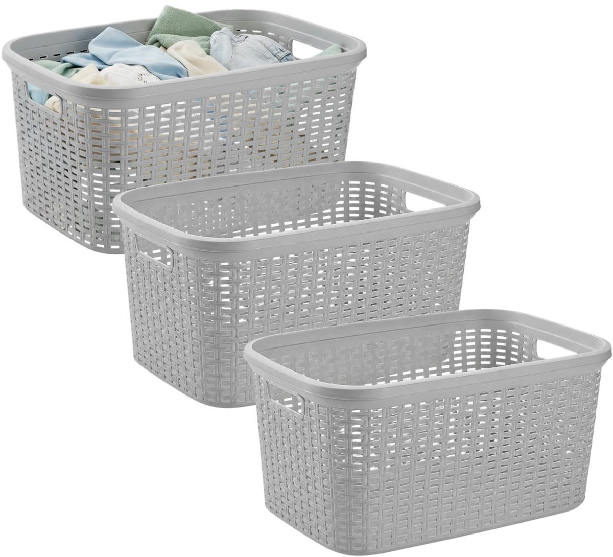 Plasticforte Wasmand - 3x - 35 liter - rotan - licht grijs - kunststof - 53 x 36 x 26 cm - draagmand - met handvatten - lichtgewicht