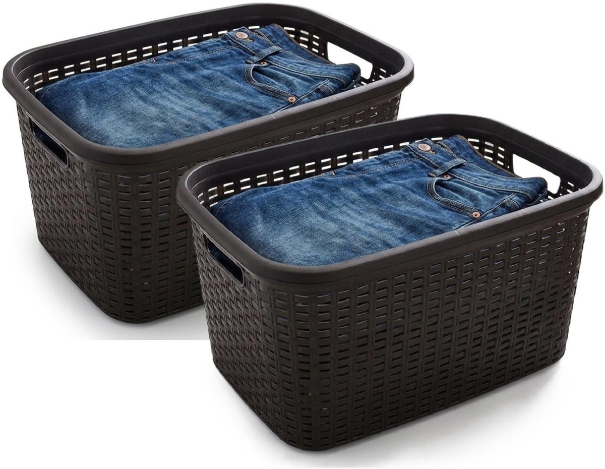 Plasticforte Wasmand - 2x - 35 liter - rotan - zwart - kunststof - 53 x 36 x 26 cm - draagmand - met handvatten - lichtgewicht