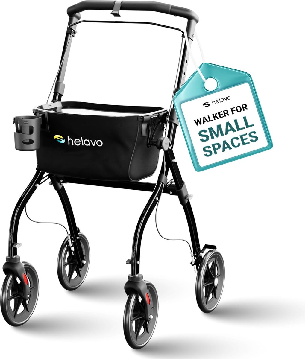SnelShoppen - Helavo slimme binnenloop - Lichtgewicht en opvouwbare rollator voor thuis met dienblad | Hoogte verstelbaar, 20 cm wielen, aluminium fra