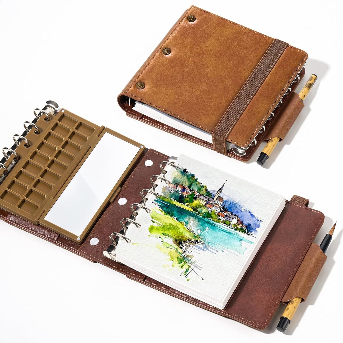 Aquarellboekje 11×13cm - 100% katoenpapier - met keramische palette en penseel - ideaal voor buiten schilderen - ShopVlot