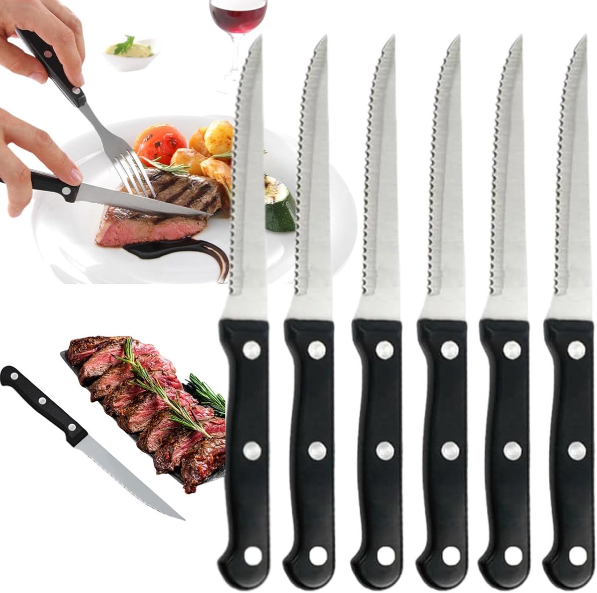 Steakmessenset 6-delig - roestvrij staal - scherpe kartelrand - ideaal voor diners - ShopVlot