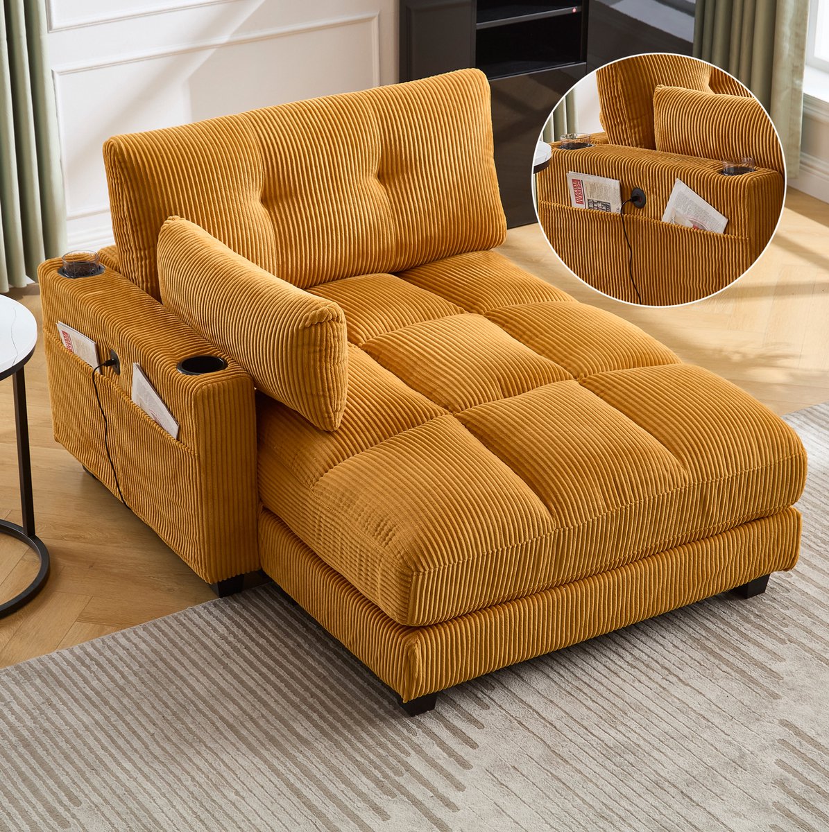 MEUNIQ Fauteuil 140 x 112 x 81 cm met armleuningen, bekerhouders, zijvak en USB-oplaadpoort, gestreepte corduroy, woonkamer en slaapkamer, mosterdgeel